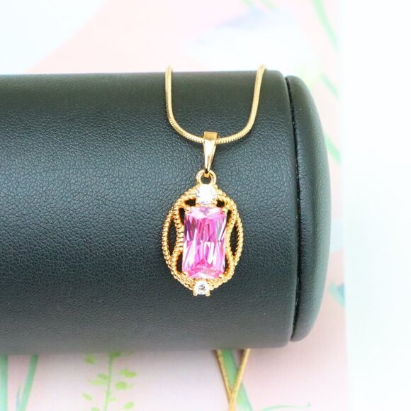"Pink Rectangle Pendant with Gold Plated Brass and Crystal Accents, XPPT1681 - Picture 3 of 13